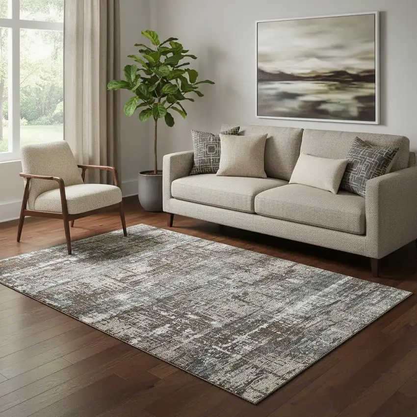 Brown Taupe And Gray Geometric Washable Area Rug With UV Protection Photo 2
