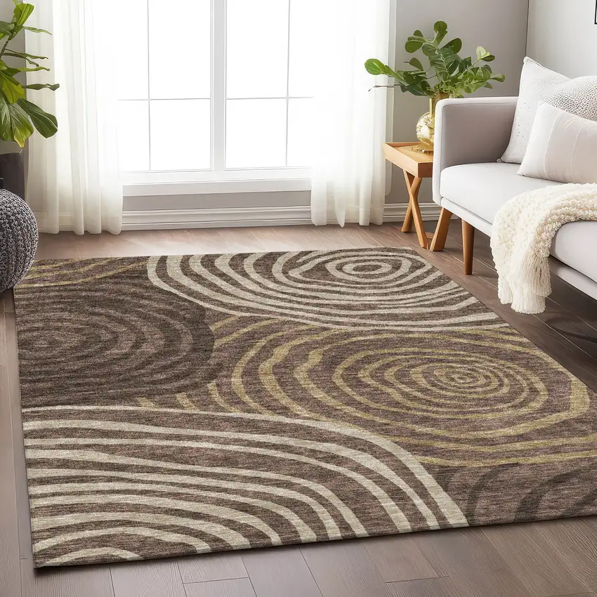 Brown Taupe And Ivory Abstract Washable Area Rug With UV Protection Photo 4