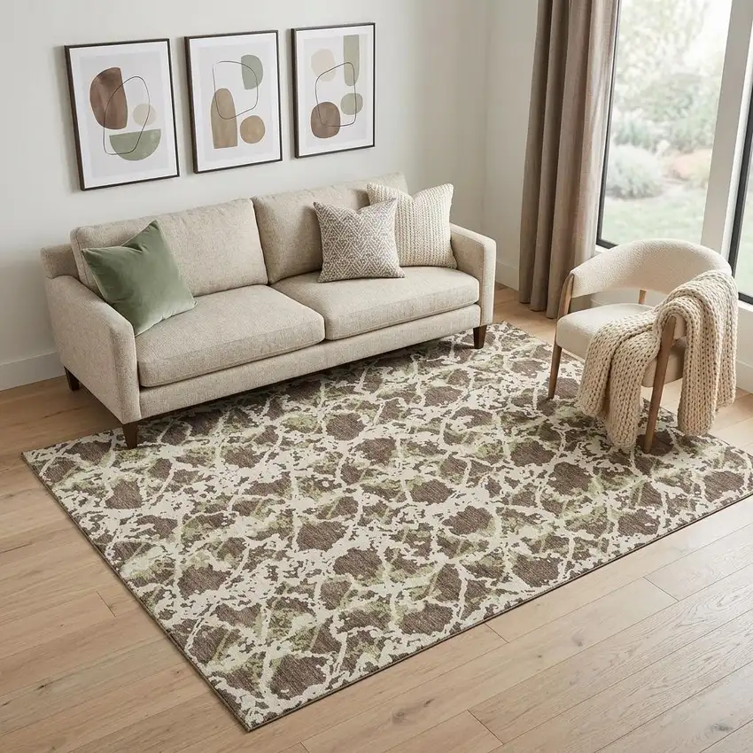 Brown Taupe And Ivory Abstract Washable Area Rug With UV Protection Photo 1