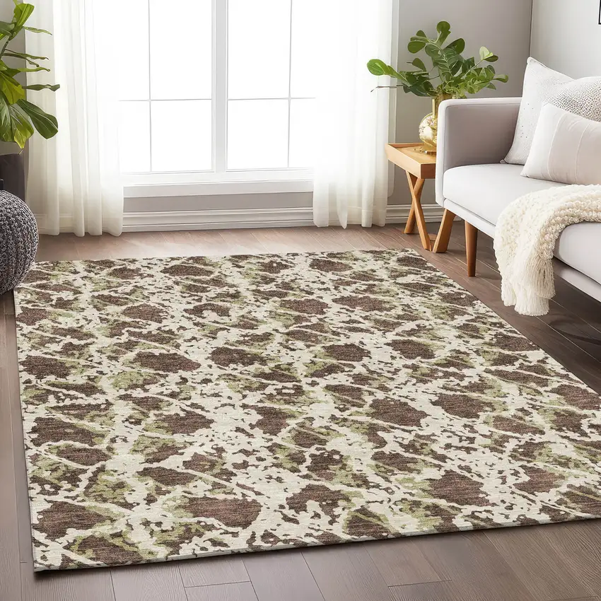 Brown Taupe And Ivory Abstract Washable Area Rug With UV Protection Photo 4