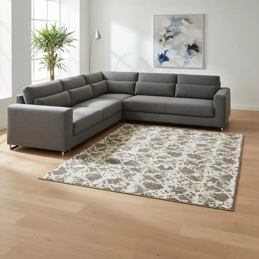 Brown Taupe And Ivory Abstract Washable Area Rug With UV Protection Photo 2