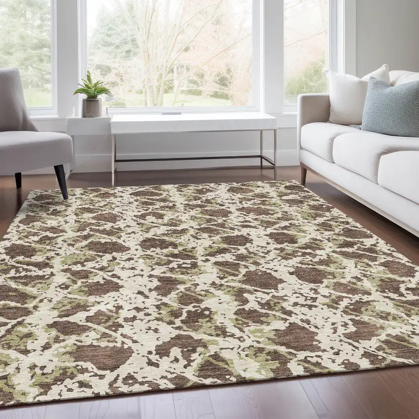 Brown Taupe And Ivory Abstract Washable Area Rug With UV Protection Photo 5