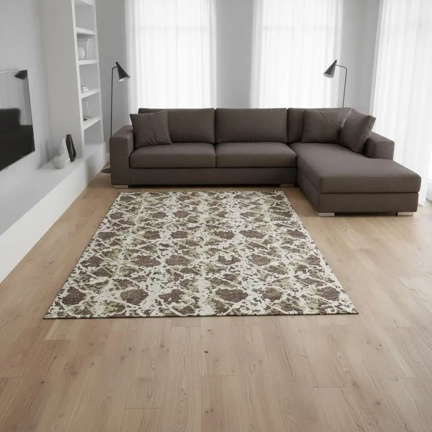 Brown Taupe And Ivory Abstract Washable Area Rug With UV Protection Photo 2