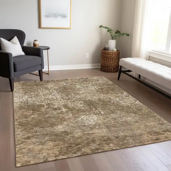 Brown Taupe And Ivory Floral Washable Indoor Outdoor Area Rug Photo 8
