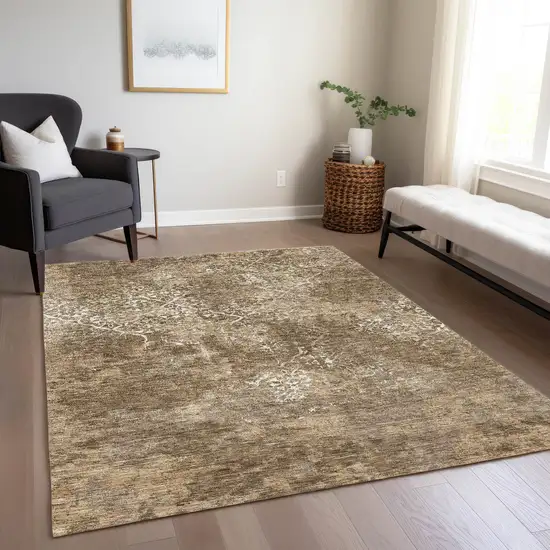 Brown Taupe And Ivory Floral Washable Indoor Outdoor Area Rug Photo 8