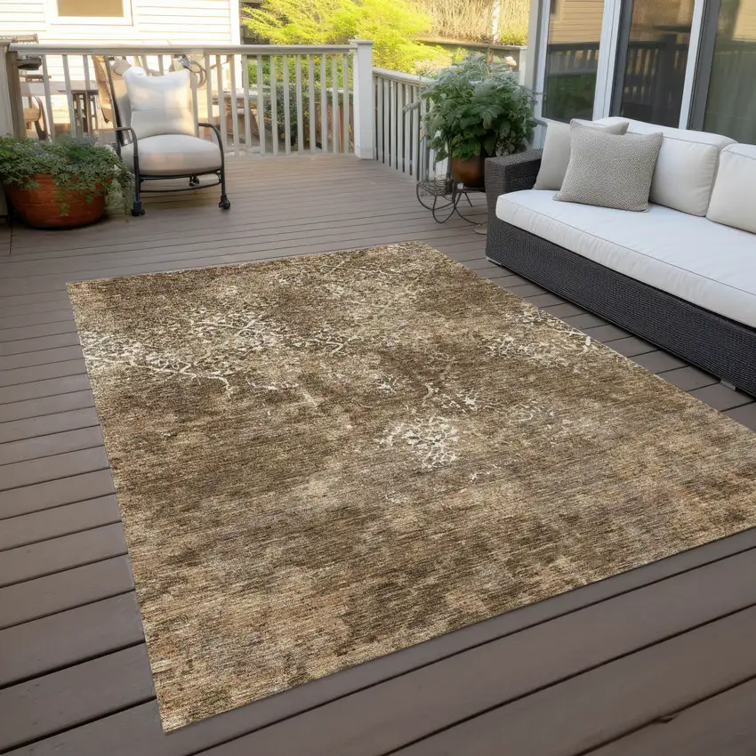 Brown Taupe And Ivory Floral Washable Indoor Outdoor Area Rug Photo 9