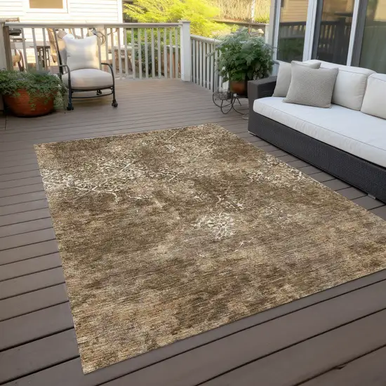 Brown Taupe And Ivory Floral Washable Indoor Outdoor Area Rug Photo 9