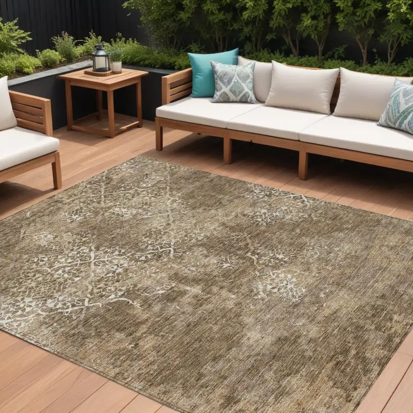 Brown Taupe And Ivory Floral Washable Indoor Outdoor Area Rug Photo 1