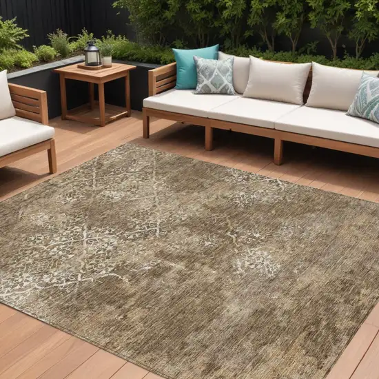 Brown Taupe And Ivory Floral Washable Indoor Outdoor Area Rug Photo 1