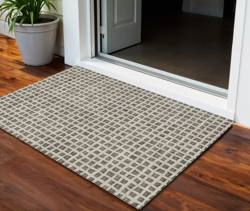Brown Taupe And Ivory Geometric Washable Indoor Outdoor Area Rug Photo 1