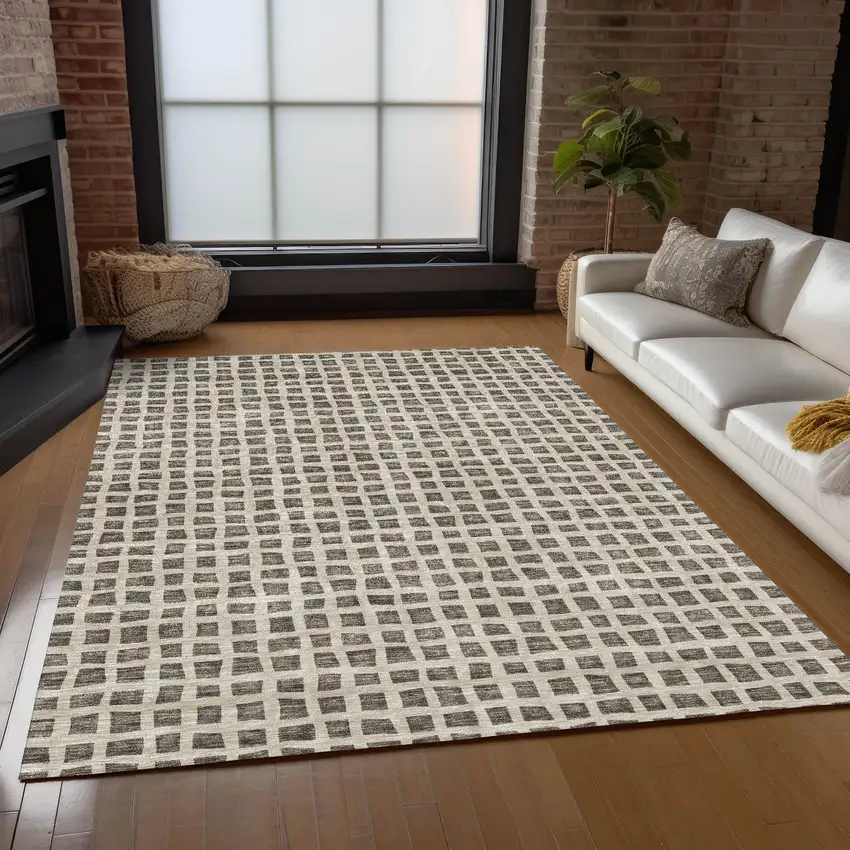 Brown Taupe And Ivory Geometric Washable Indoor Outdoor Area Rug Photo 8