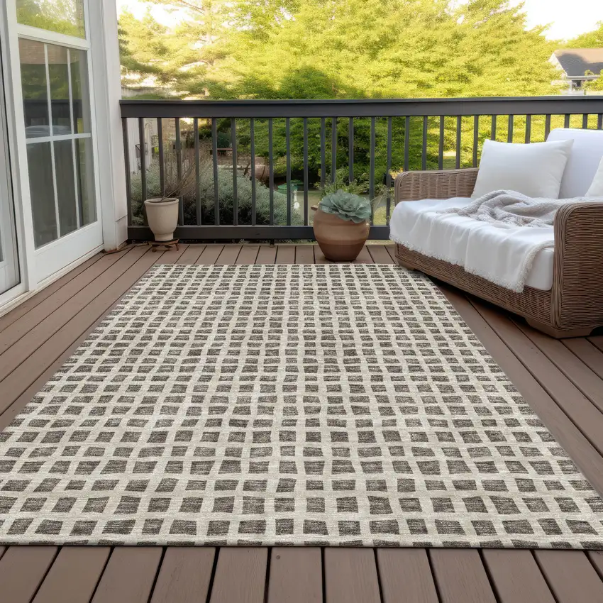 Brown Taupe And Ivory Geometric Washable Indoor Outdoor Area Rug Photo 6