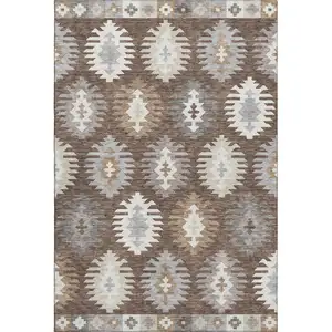 Photo of Brown Taupe And Ivory Southwestern Washable Area Rug With UV Protection