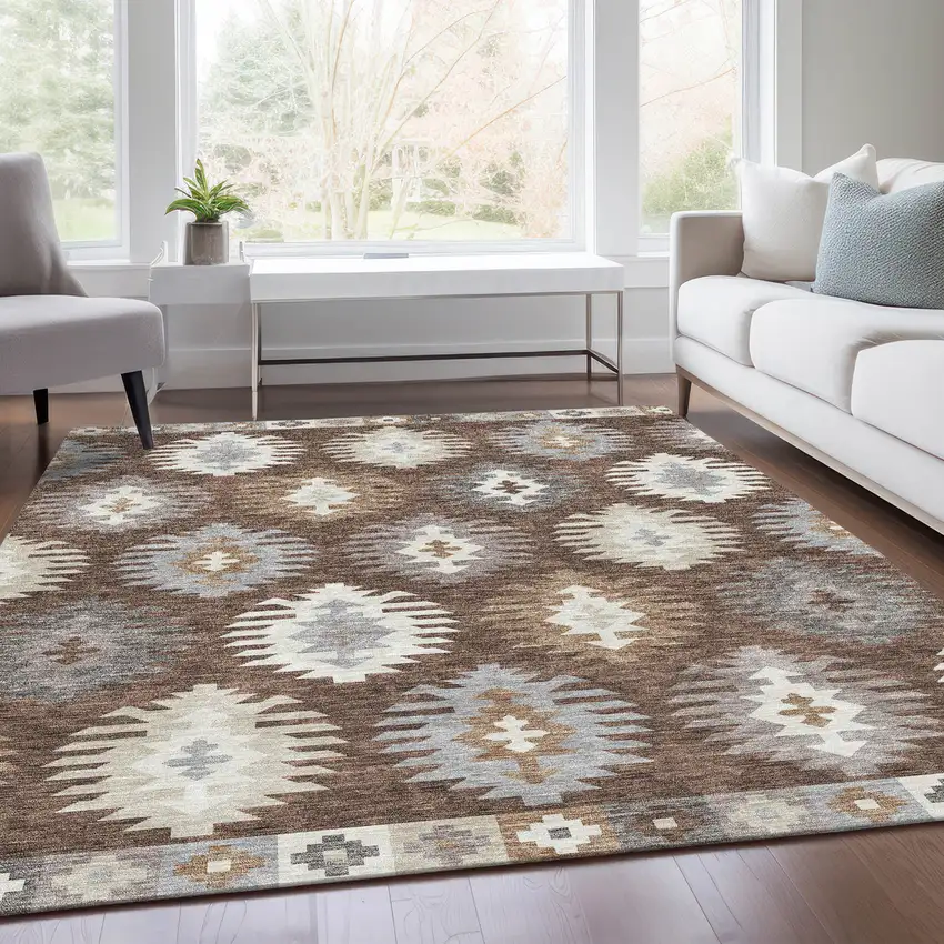 Brown Taupe And Ivory Southwestern Washable Area Rug With UV Protection Photo 5