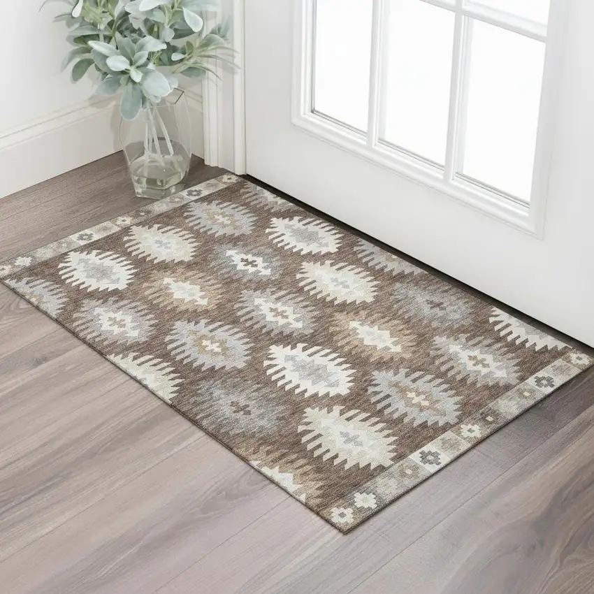 Brown Taupe And Ivory Southwestern Washable Area Rug With UV Protection Photo 2
