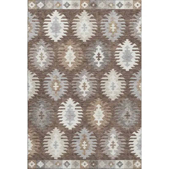 Brown Taupe And Ivory Southwestern Washable Area Rug With UV Protection Photo 1