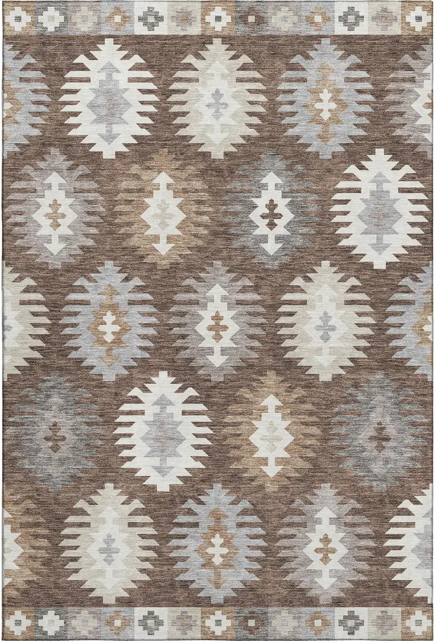 Brown Taupe And Ivory Southwestern Washable Area Rug With UV Protection Photo 1