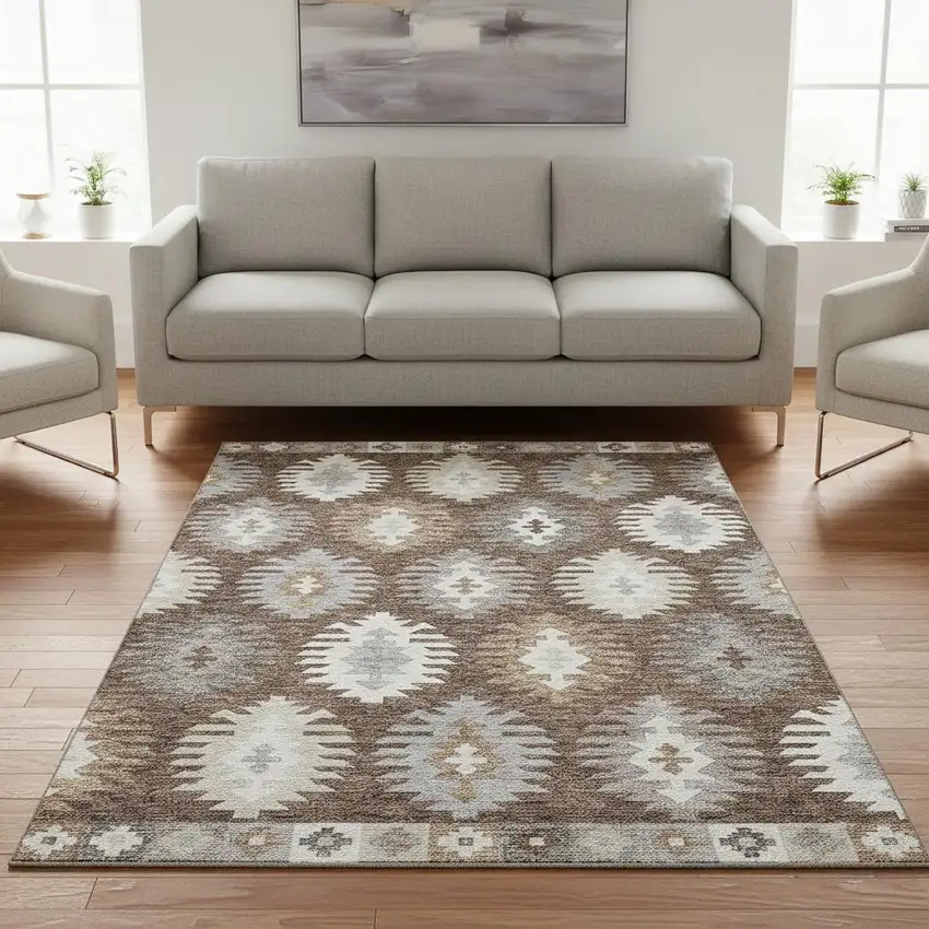 Brown Taupe And Ivory Southwestern Washable Area Rug With UV Protection Photo 2