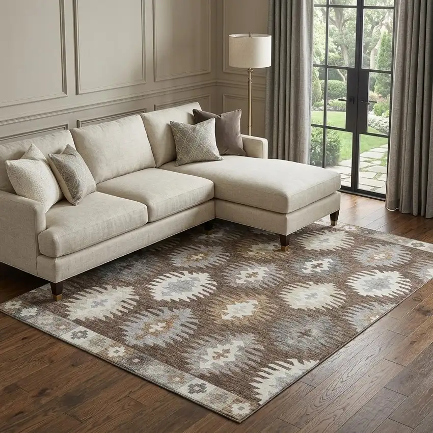 Brown Taupe And Ivory Southwestern Washable Area Rug With UV Protection Photo 1