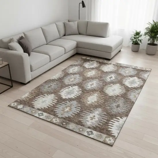 Brown Taupe And Ivory Southwestern Washable Area Rug With UV Protection Photo 2