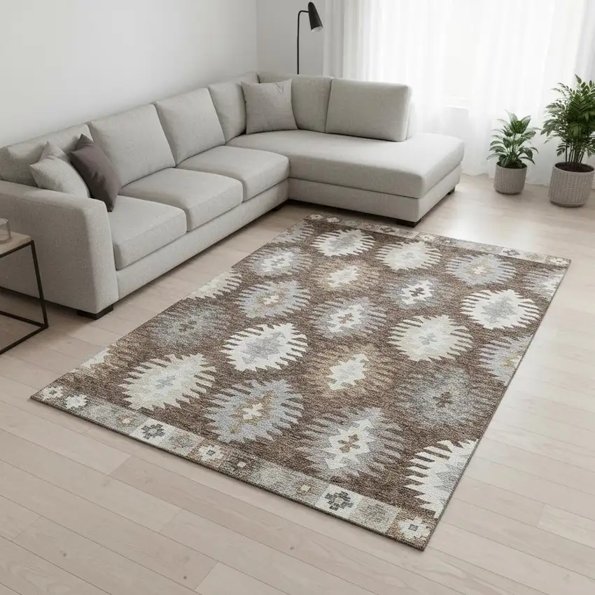 Brown Taupe And Ivory Southwestern Washable Area Rug With UV Protection Photo 2