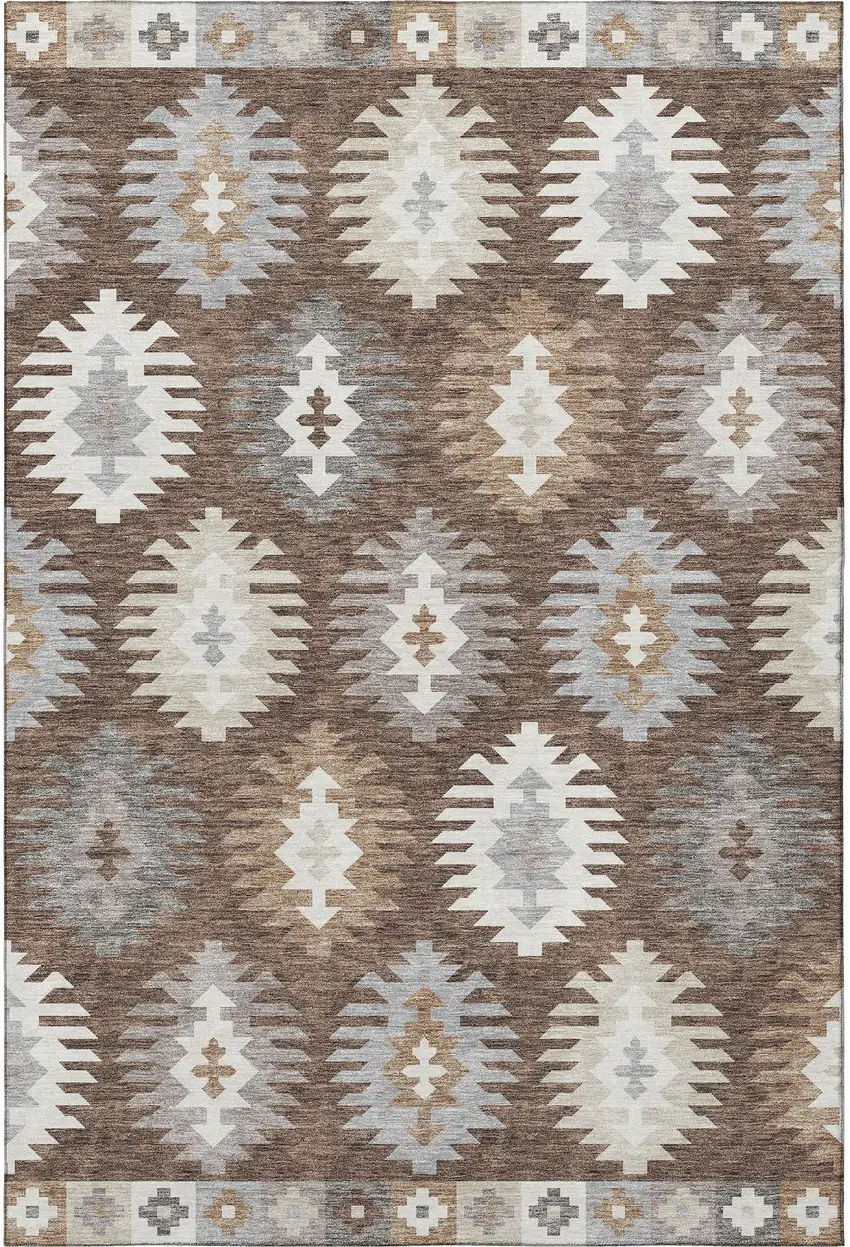 Brown Taupe And Ivory Southwestern Washable Area Rug With UV Protection Photo 2