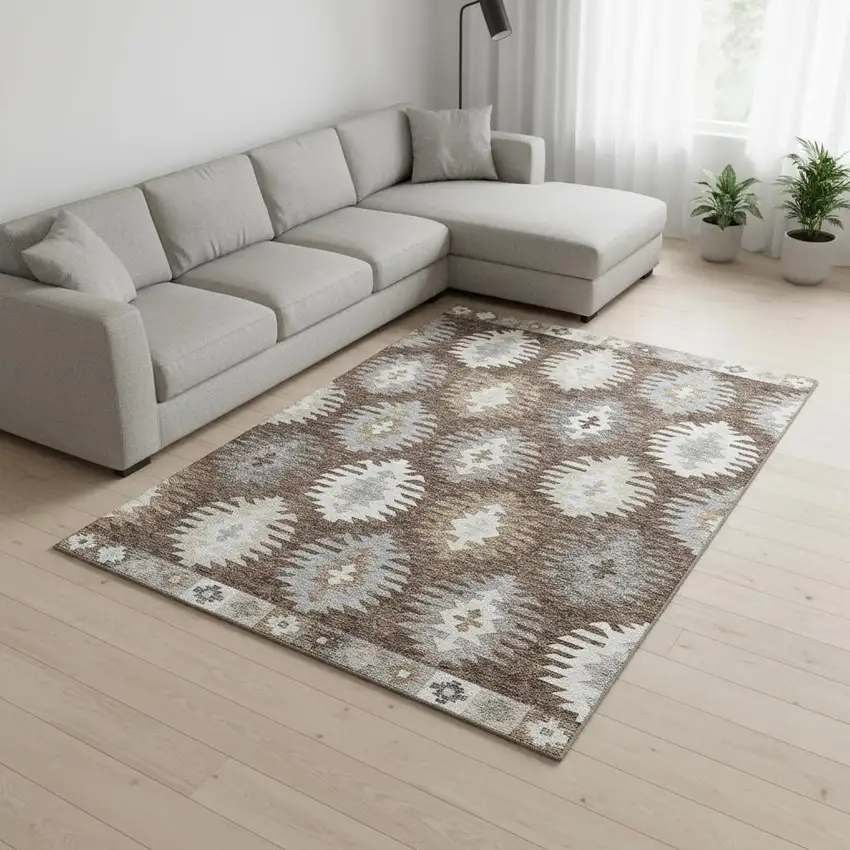 Brown Taupe And Ivory Southwestern Washable Area Rug With UV Protection Photo 2