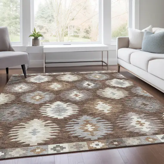 Brown Taupe And Ivory Southwestern Washable Area Rug With UV Protection Photo 4
