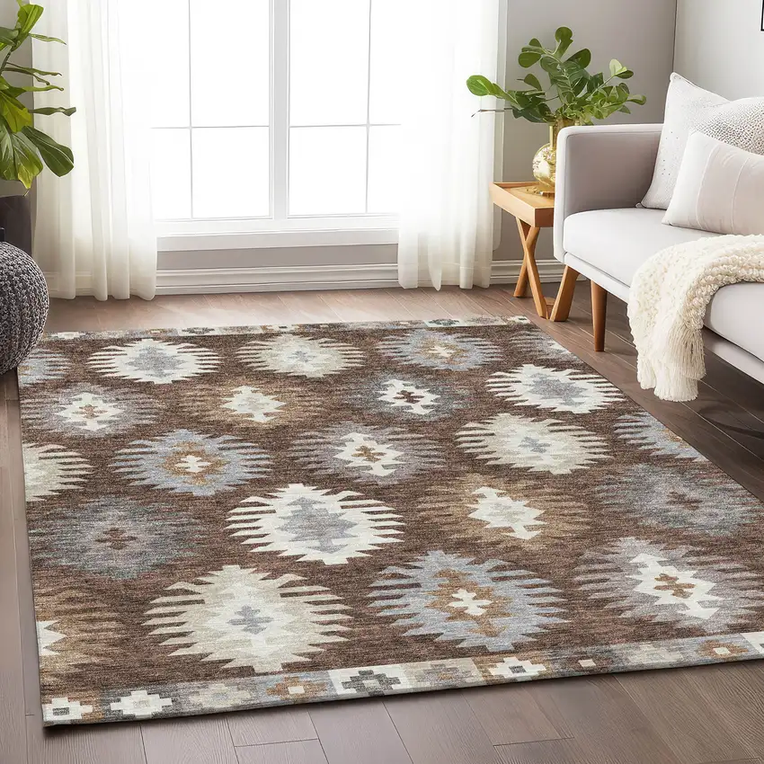 Brown Taupe And Ivory Southwestern Washable Area Rug With UV Protection Photo 3