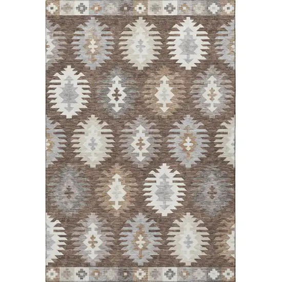 Brown Taupe And Ivory Southwestern Washable Area Rug With UV Protection Photo 3