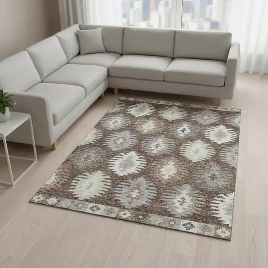 Brown Taupe And Ivory Southwestern Washable Area Rug With UV Protection Photo 2