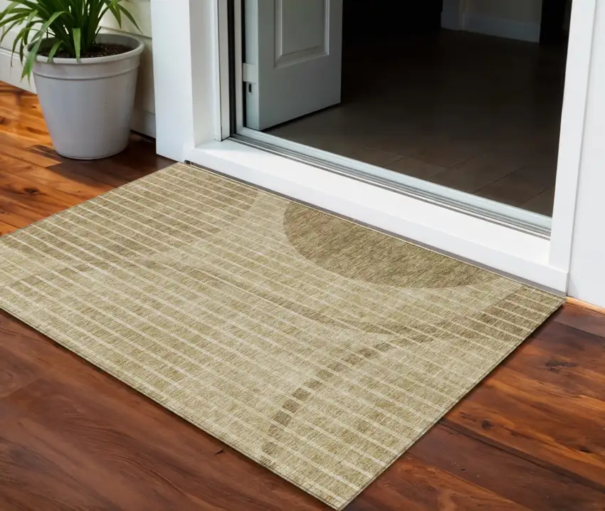 Brown Taupe And Ivory Striped Washable Indoor Outdoor Area Rug Photo 1