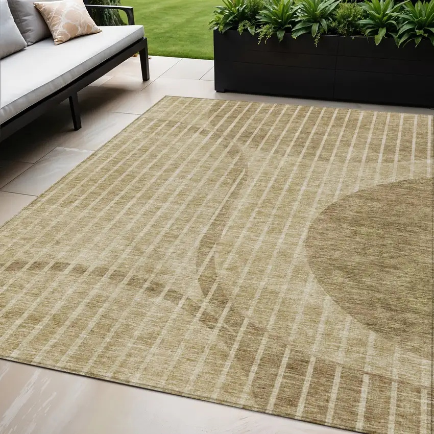Brown Taupe And Ivory Striped Washable Indoor Outdoor Area Rug Photo 1