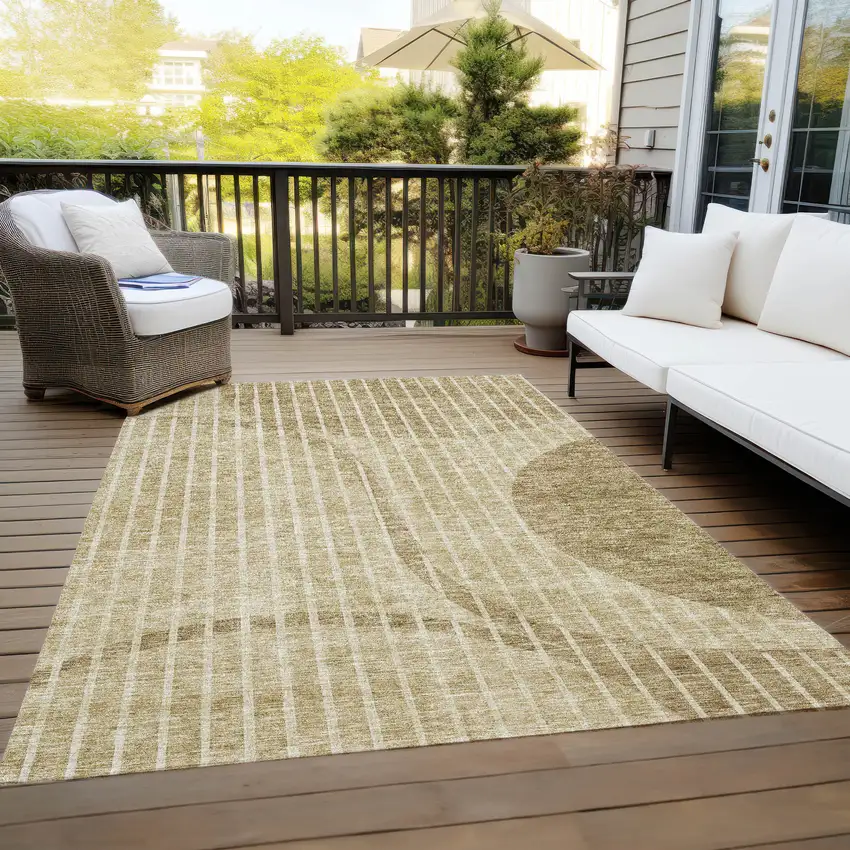 Brown Taupe And Ivory Striped Washable Indoor Outdoor Area Rug Photo 9
