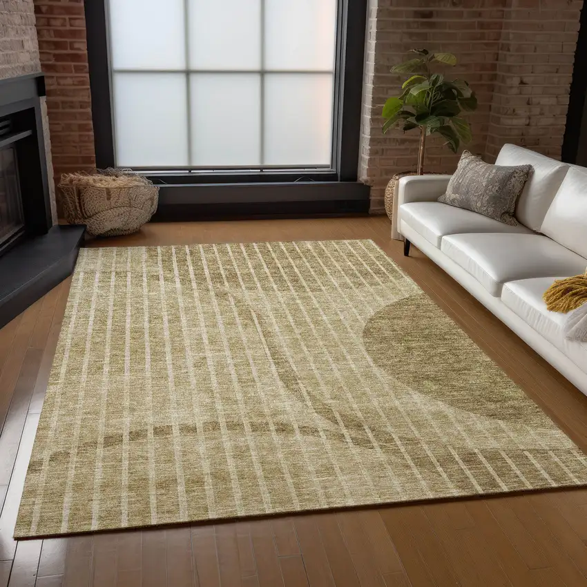 Brown Taupe And Ivory Striped Washable Indoor Outdoor Area Rug Photo 7