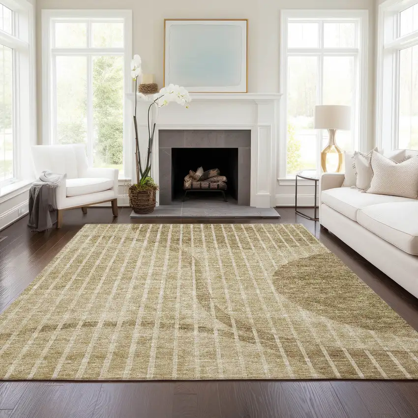 Brown Taupe And Ivory Striped Washable Indoor Outdoor Area Rug Photo 6