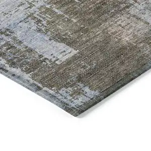 Photo of Brown Taupe And Navy Blue Abstract Washable Indoor Outdoor Area Rug