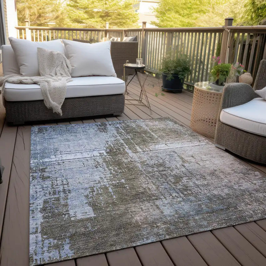 Brown Taupe And Navy Blue Abstract Washable Indoor Outdoor Area Rug Photo 6