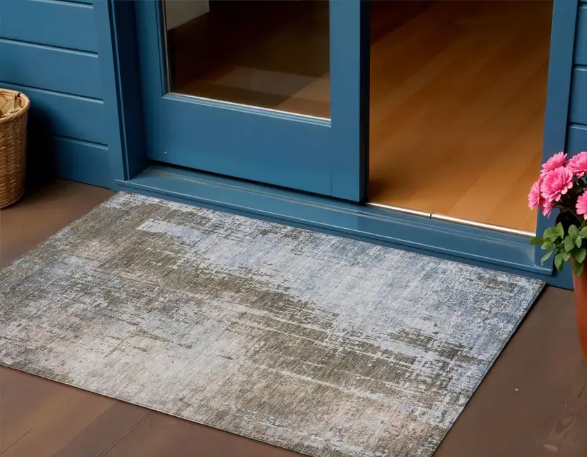 Brown Taupe And Navy Blue Abstract Washable Indoor Outdoor Area Rug Photo 1
