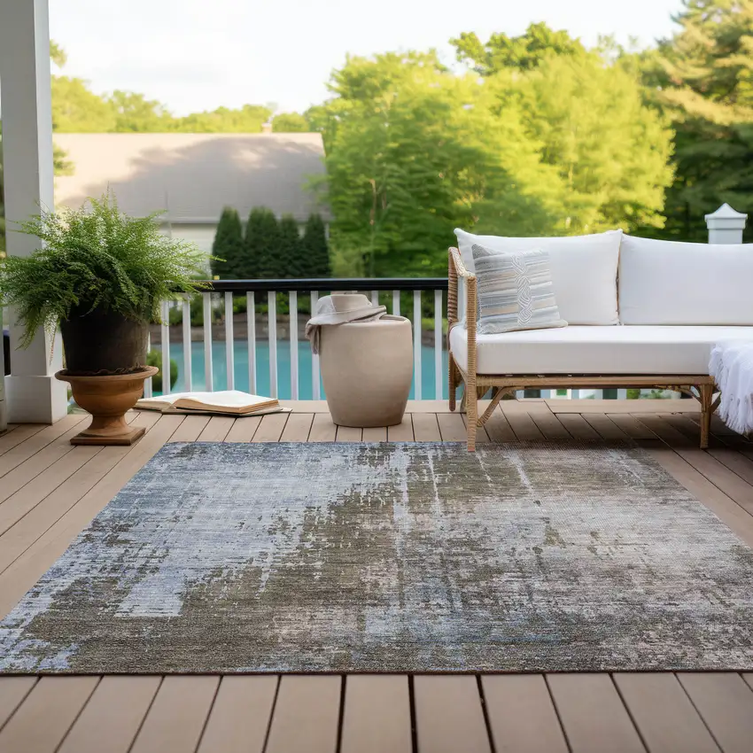 Brown Taupe And Navy Blue Abstract Washable Indoor Outdoor Area Rug Photo 9