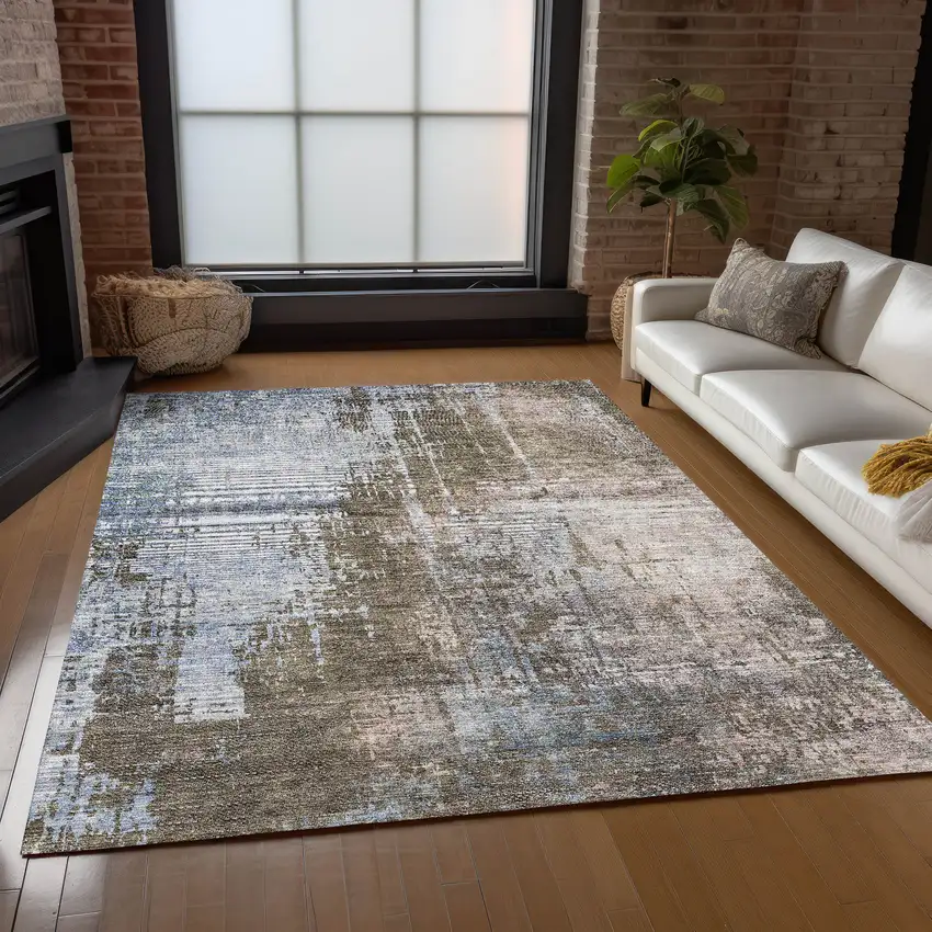 Brown Taupe And Navy Blue Abstract Washable Indoor Outdoor Area Rug Photo 9