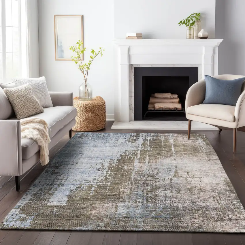 Brown Taupe And Navy Blue Abstract Washable Indoor Outdoor Area Rug Photo 8