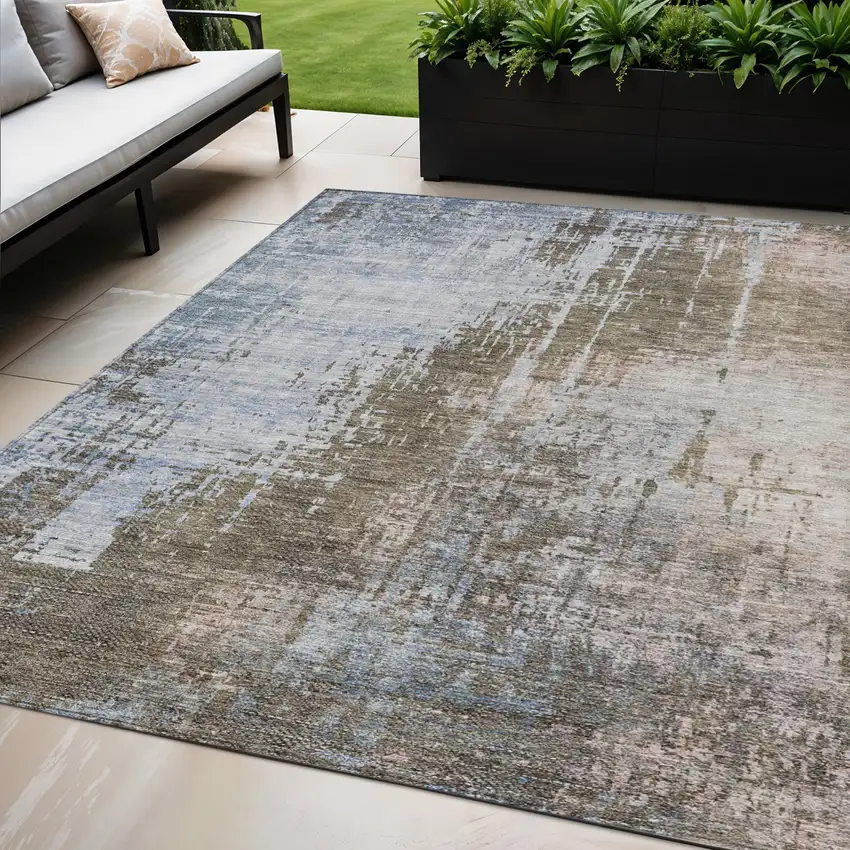 Brown Taupe And Navy Blue Abstract Washable Indoor Outdoor Area Rug Photo 1