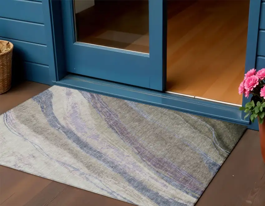 Brown Taupe And Purple Abstract Washable Indoor Outdoor Area Rug Photo 2