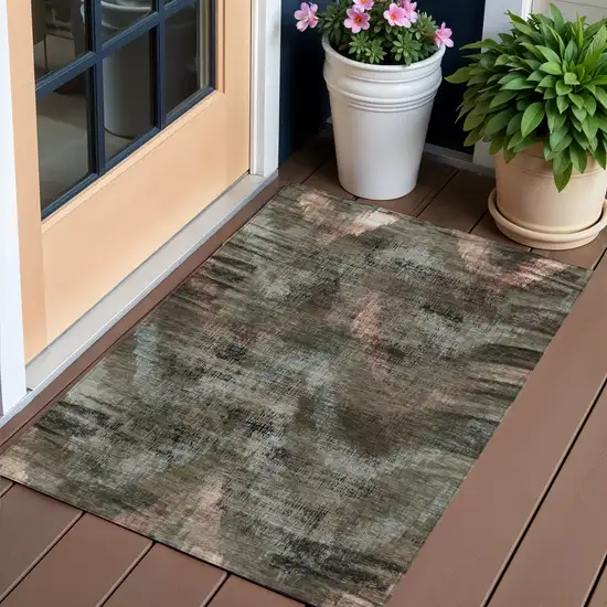 Brown Taupe And Salmon Abstract Washable Indoor Outdoor Area Rug Photo 1