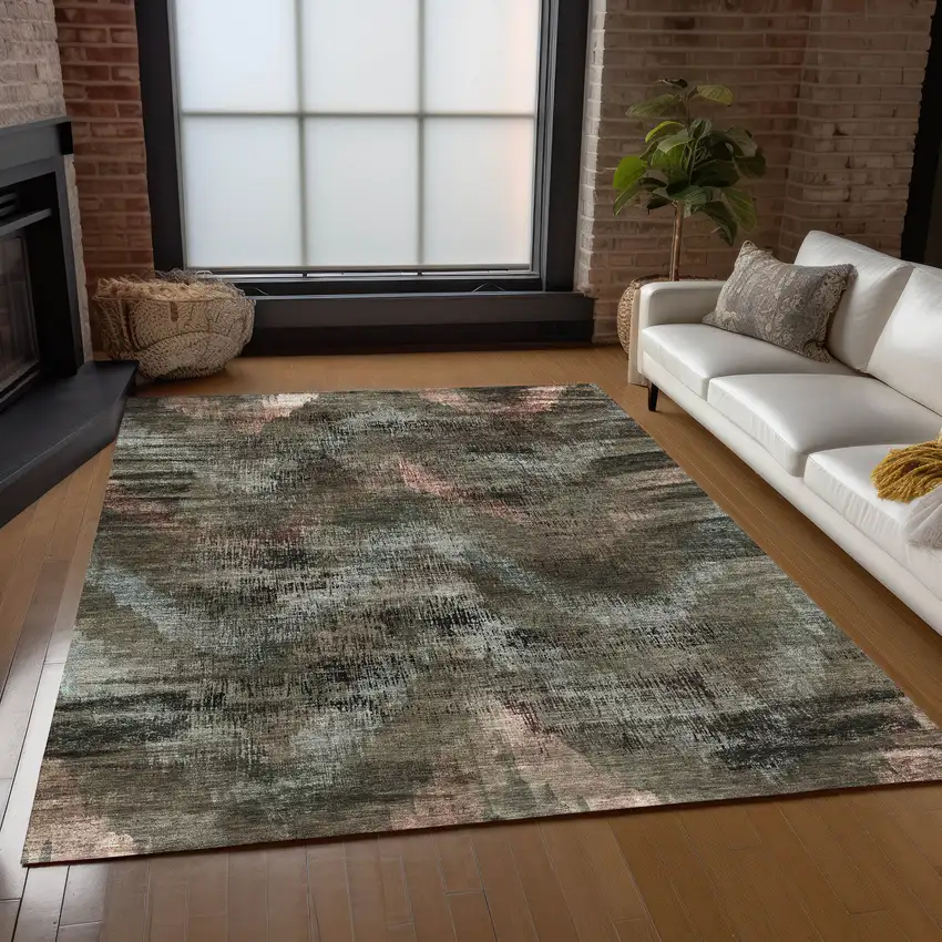 Brown Taupe And Salmon Abstract Washable Indoor Outdoor Area Rug Photo 9