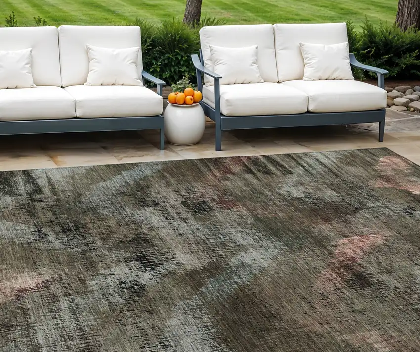 Brown Taupe And Salmon Abstract Washable Indoor Outdoor Area Rug Photo 1