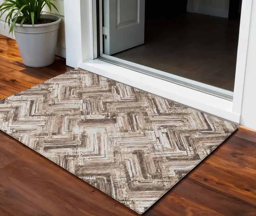 Brown Taupe And Tan Geometric Washable Indoor Outdoor Area Rug Photo 1