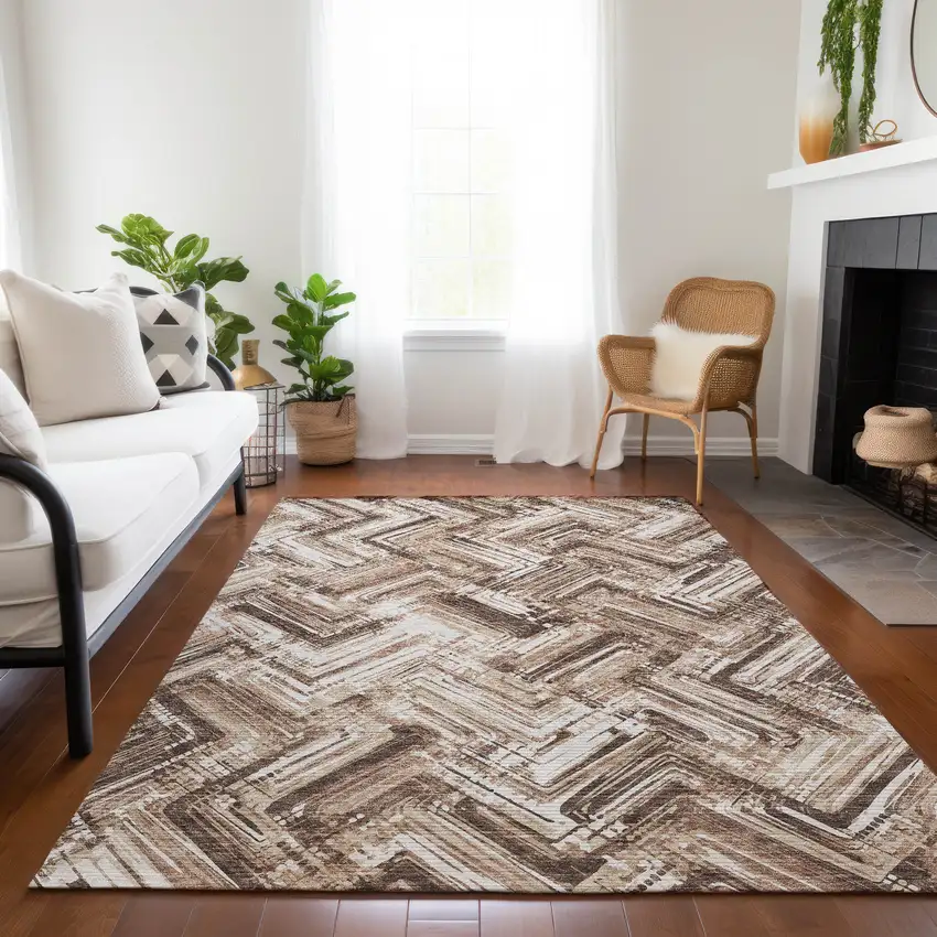 Brown Taupe And Tan Geometric Washable Indoor Outdoor Area Rug Photo 9