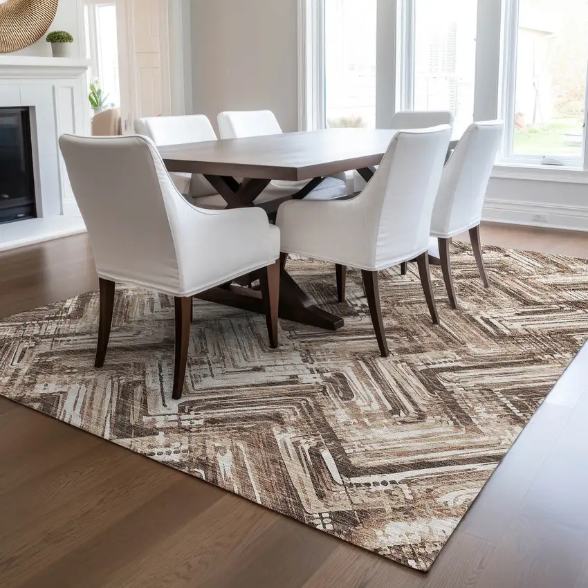 Brown Taupe And Tan Geometric Washable Indoor Outdoor Area Rug Photo 8